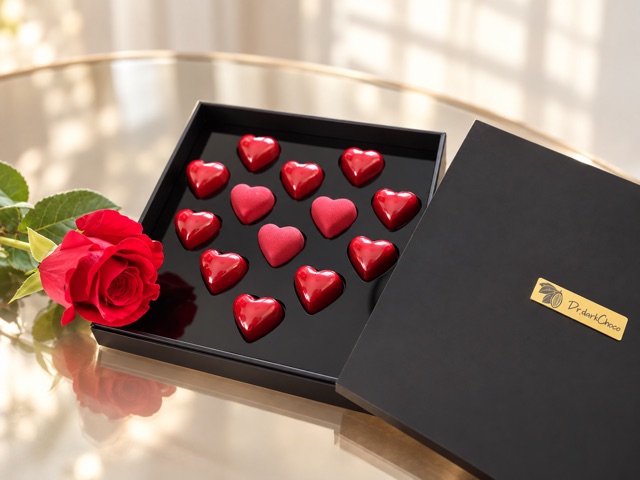 Red heart-shaped chocolates in an open black Dr.darkChoco gift box beside a red rose